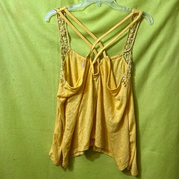 Bongo Yellow Flowy Tank Top Crochet Lace Cross Back XL Strappy - Picture 6 of 6